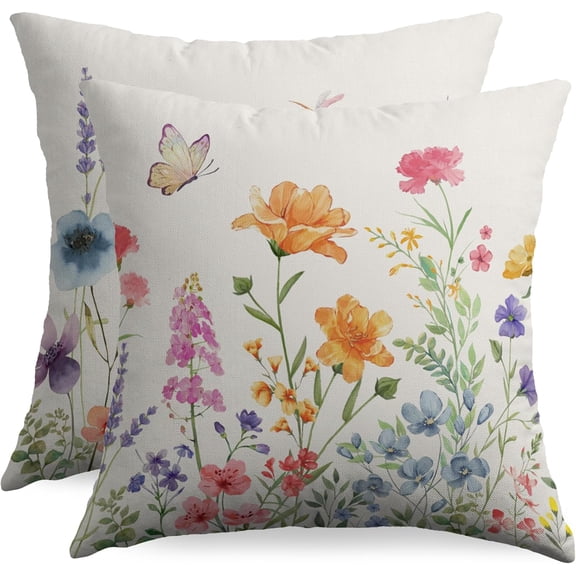 Floral Pillow Covers 16x16 Set of 2 Watercolor Colorful Flower Print Spring Summer Decorative Throw Pillow Cases Outdoor Seasonal Farmhouse Decoration for Sofa Couch Bed