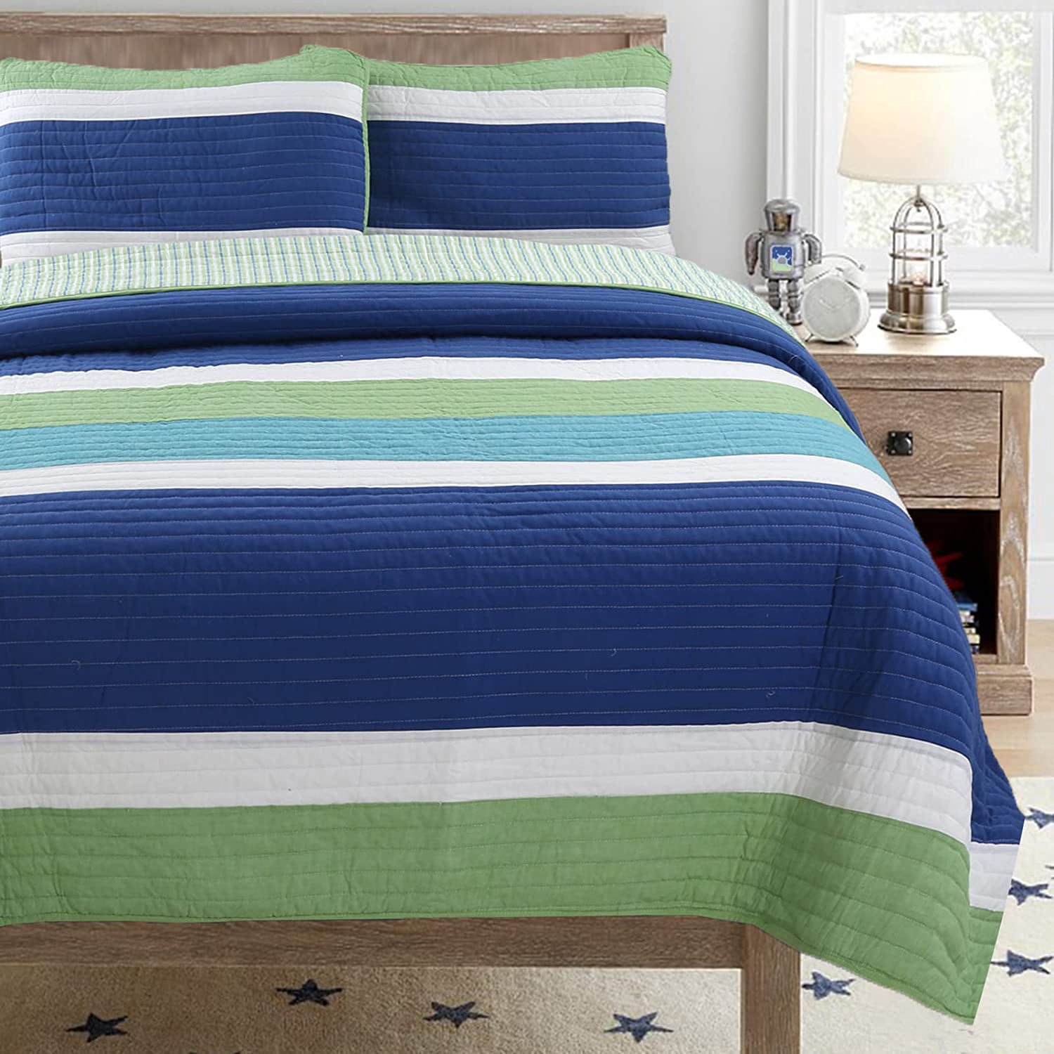 Cozy Line Home Fashions Cotton Blue Green Stripped Quilt Bedding Set, Queen 3-Pieces