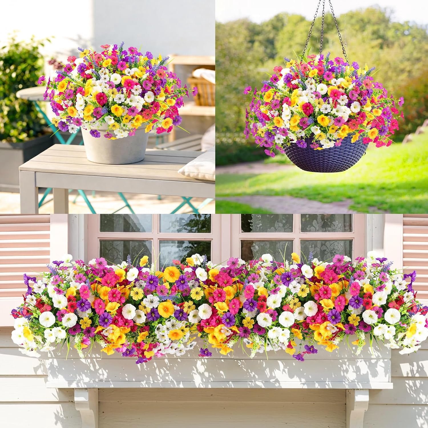 Artificial Flowers for Outdoors, 12 Bundles Mixed Faux Silk Spring Flowers Look Real Fake Plants for Front Door Porch Planter Patio Garden Yard