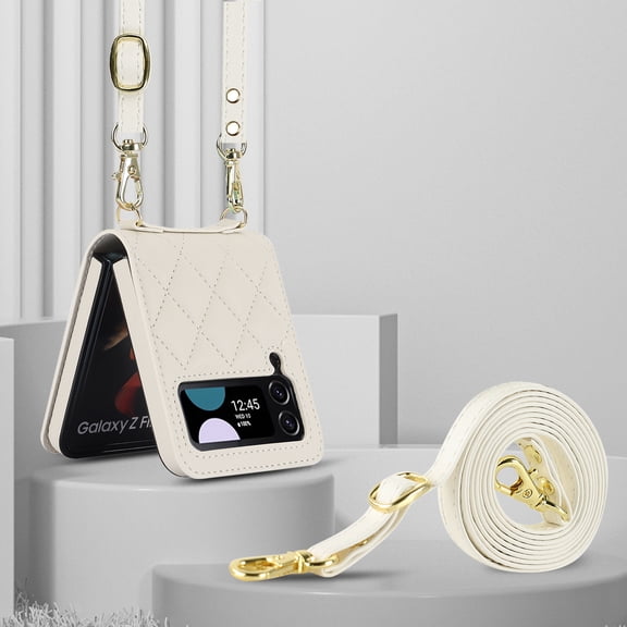Compatible for Samsung Galaxy Z Flip 4 Case with Card Slots, Shockproof Luxury PU Leather Crossbody Short Lanyard Cover Protective Strap Phone Case for Samsung Galaxy Z Flip 4 Wallet Case, White