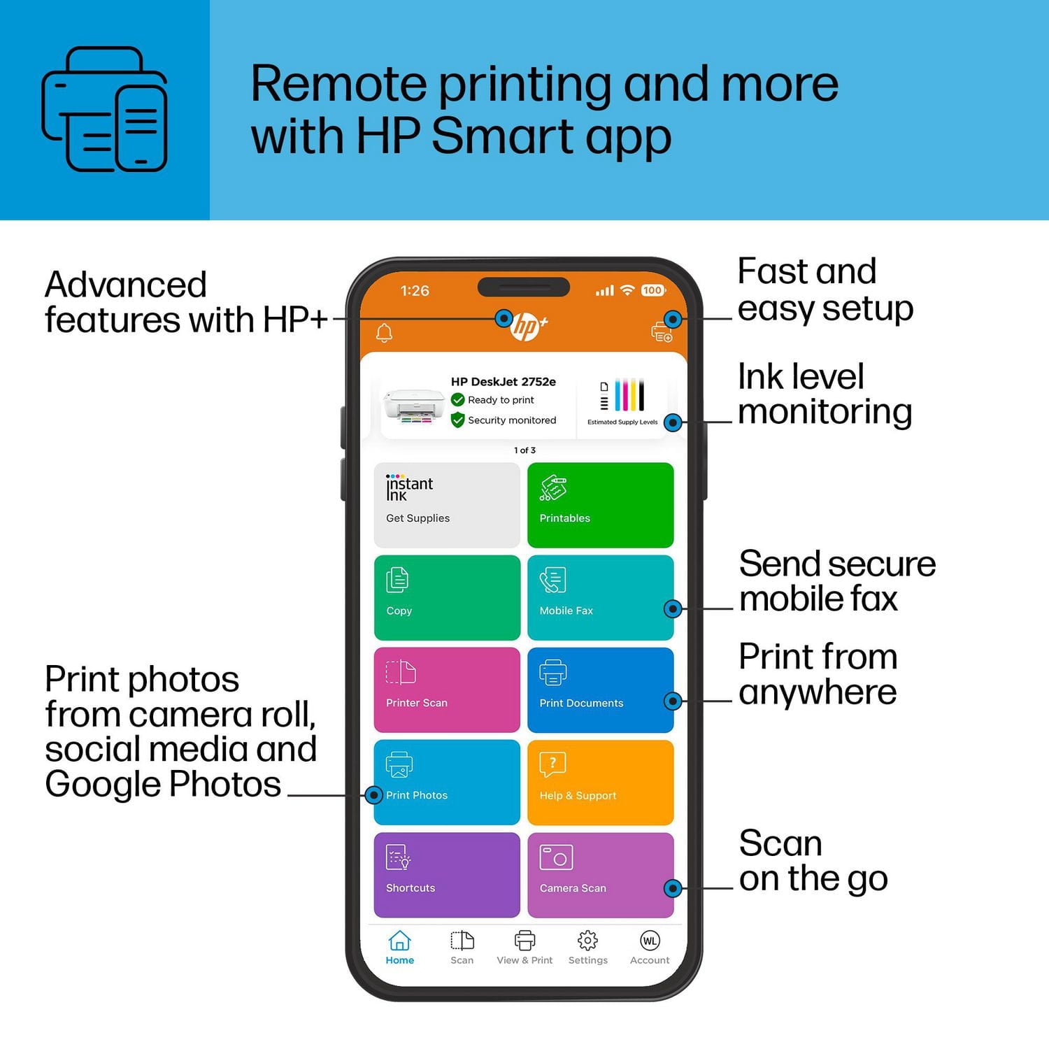 Imprimante tout-en-un HP DeskJet 2752e avec 3 mois d'encre gratuite via HP Plus