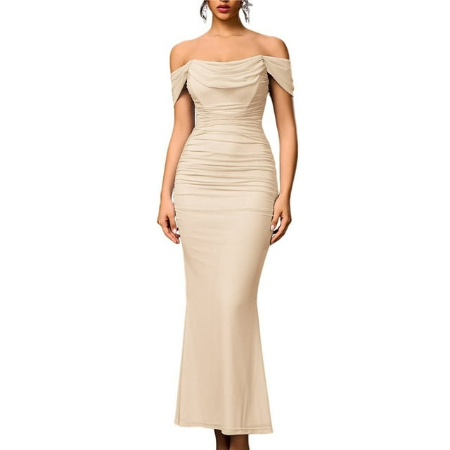 Vestido Maxi con Hombros Descubiertos, Corsé Fruncido, Ajustado, Vestidos Formales para Invitadas de Boda para Mujeres Albaricoque XL
