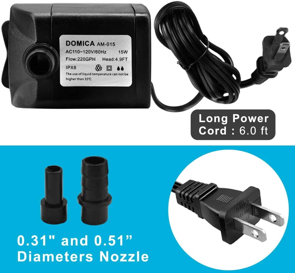 220GPH Ultra Quiet Fountain Pump (15W 800L/H), Small Submersible Pump for Pond, Water Feature, Aquariums, Hydroponics, Indoor or Outdoor Fountain