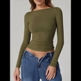 thumbnail image 4 of Camisa de Larga con Cuello Redondo para Mujer, Básica, con Doble Forro y Fruncido Lateral, para Salir Verde L, 4 of 6