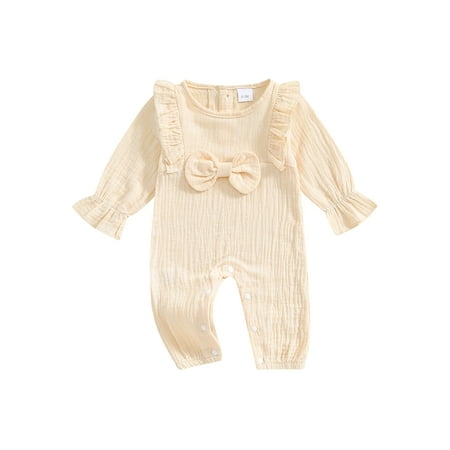

Woshilaocai Baby Girls Bow Romper Solid Color Long Sleeve Jumpsuits for Infant