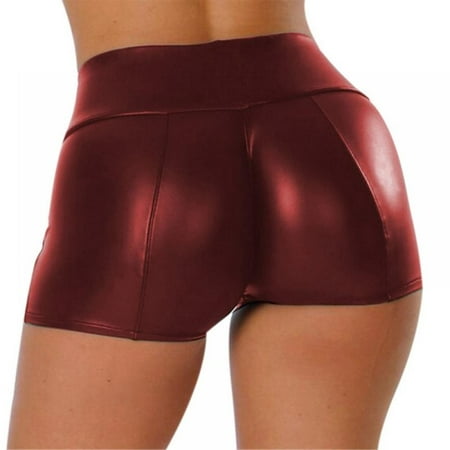 Women s Metallic Booty Shorts  Low Rise Shiny Festival Dance Bottoms - Mini Cheeky Hot Pants - Night Shop PU Leather Pants