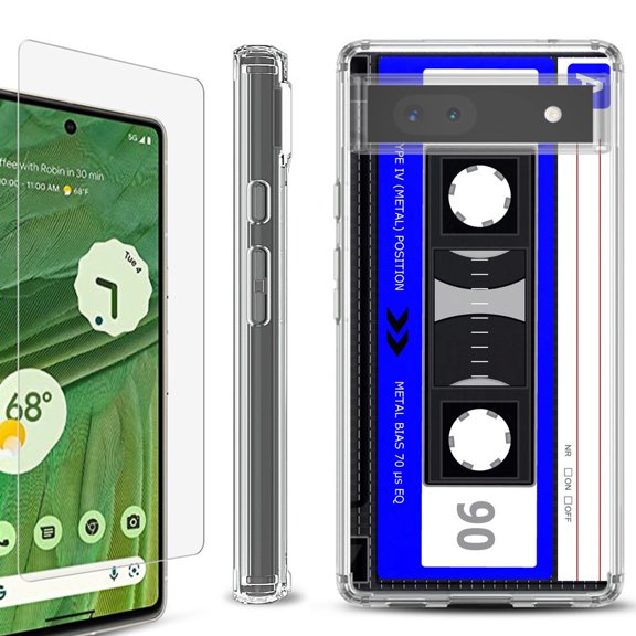 Shockproof Bumper Phone Case for Google Pixel 6a, with Tempered Glass Screen Protector, by OneToughShield ® - Cassette Blue