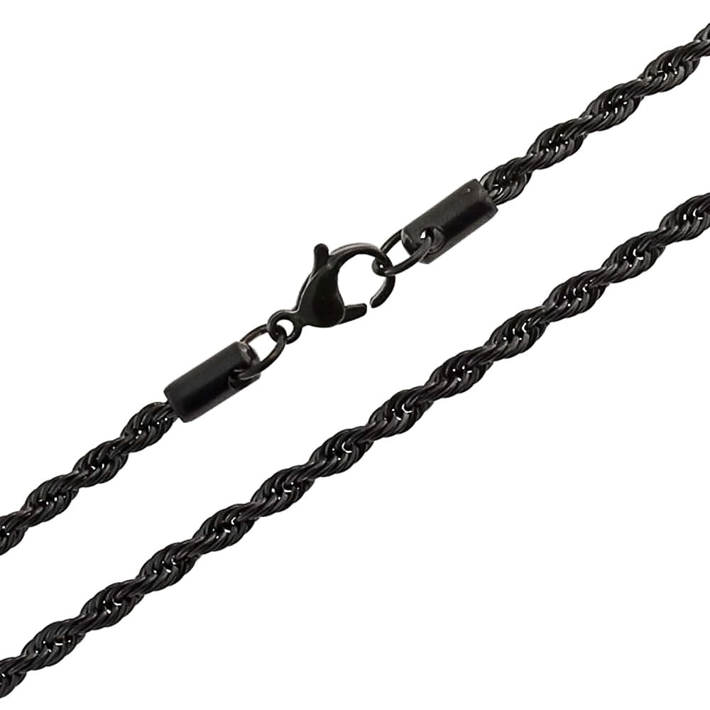 Bling Jewelry Simple Thin 3MM Strong Black Cable Rope Chain Necklace For Men Black Plated