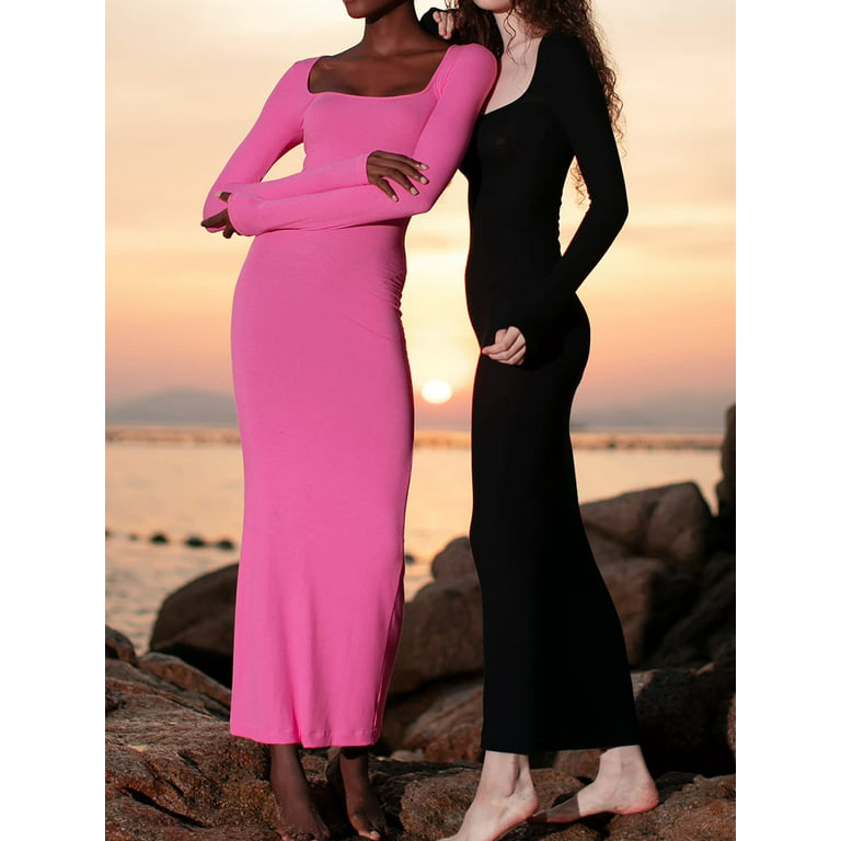 Women's Square Neck Ribbed Maxi Dress Long Sleeve Bodycon Pencil Dress Slim  Fit Knitted Mermaid Long Dresses