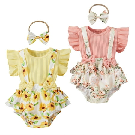 

Zukuco Infant Baby Girl Clothes Romper Set Floral Outfits Suspender Shorts Headband 3PCS Newborn Outfit Set