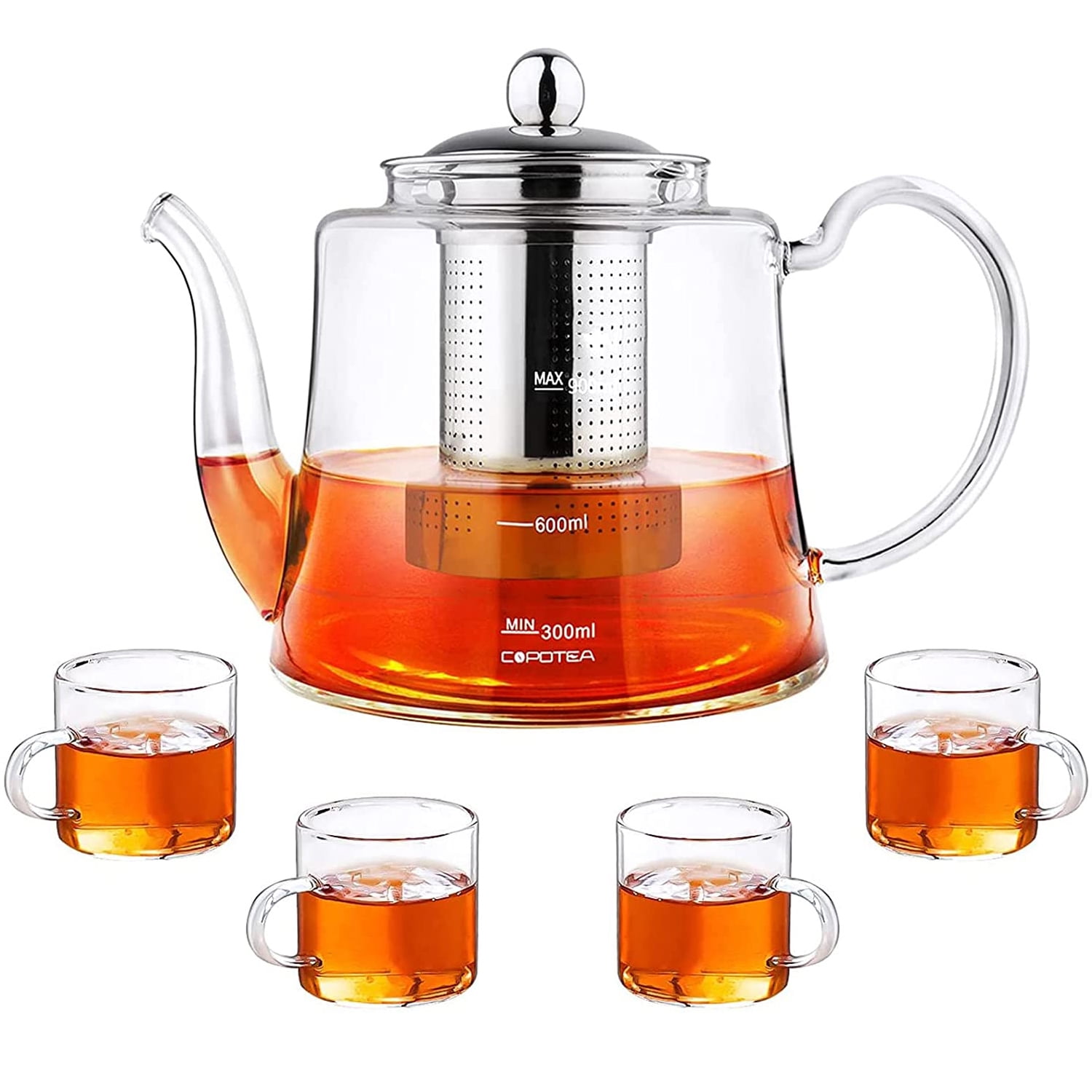 Borosilicate Glass Teapot Tea Maker Pot with Basket Infuser 1200ML c/w 4 Cups 
