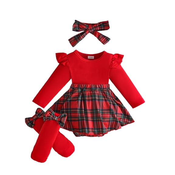 ZHOGXU Baby Girls Plaid Outfit Long Sleeve Bodysuits Dress Matching Bow Headband And Leg Warmers 3PCS Set For Kids,Red,6-9 Months
