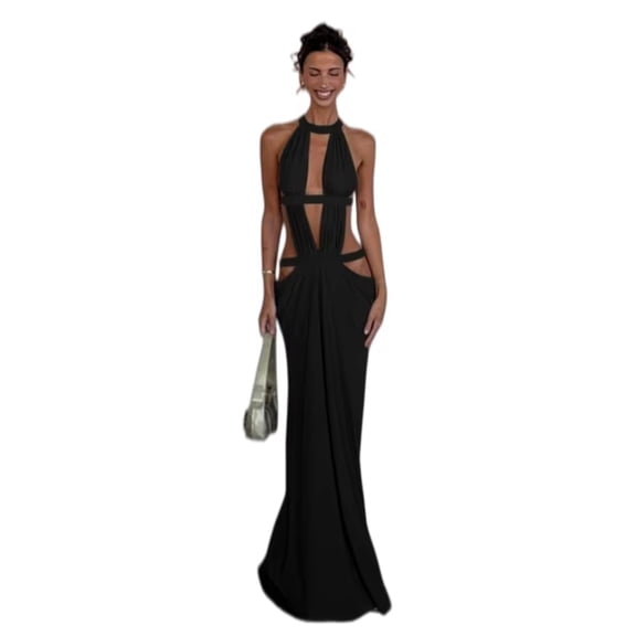 Hollow Out Women's Halter O-Neck Sleeveless Backless High Waist Sparkling Webbing Sexy Long Dress, Solid Color