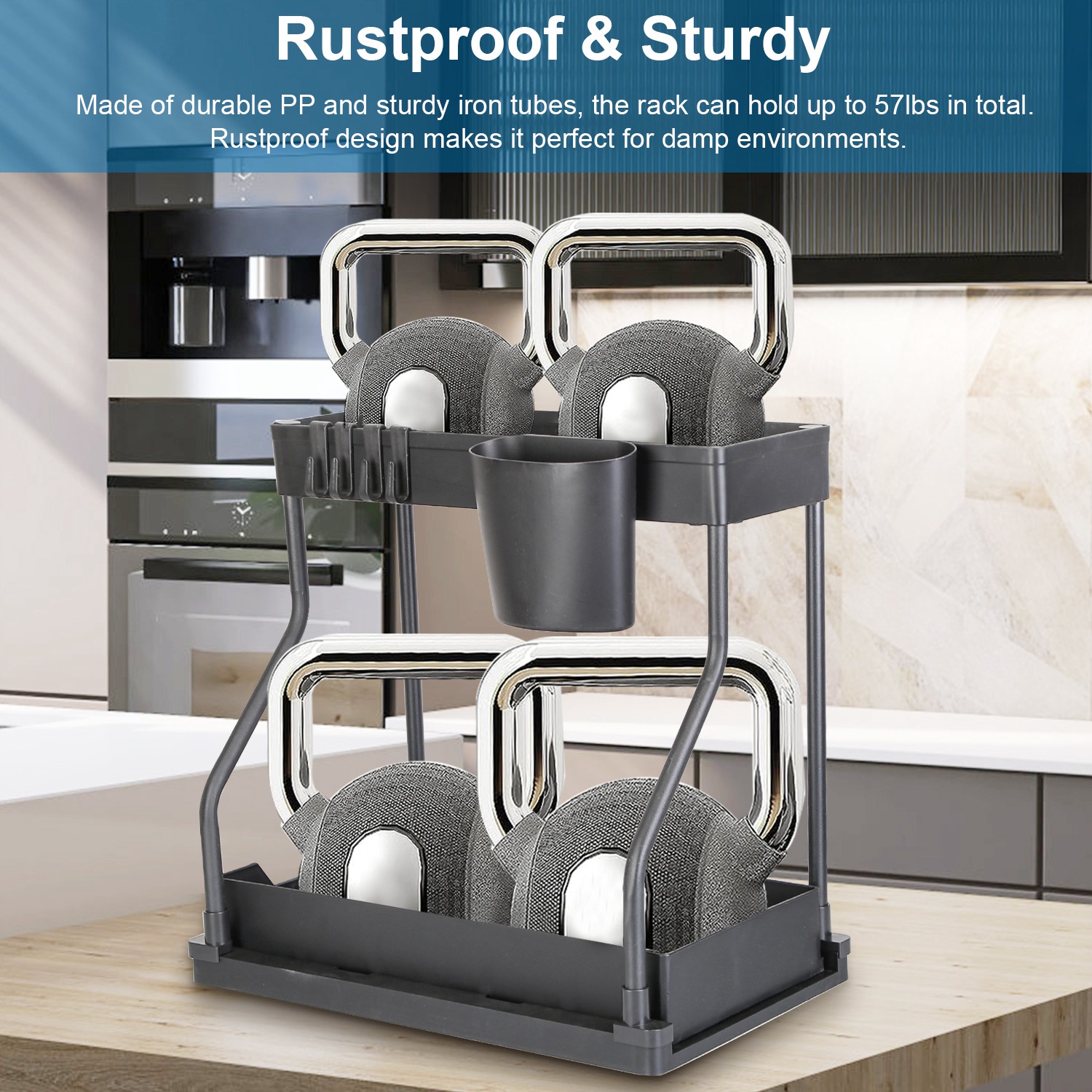 2 Pack 2-Tier Under Sink Organizer and Storage Sliding Cabinet Organizers Storage Shelves with 8 Removable Hooks 2 Hanging Cups for Bathroom Kitchen Office