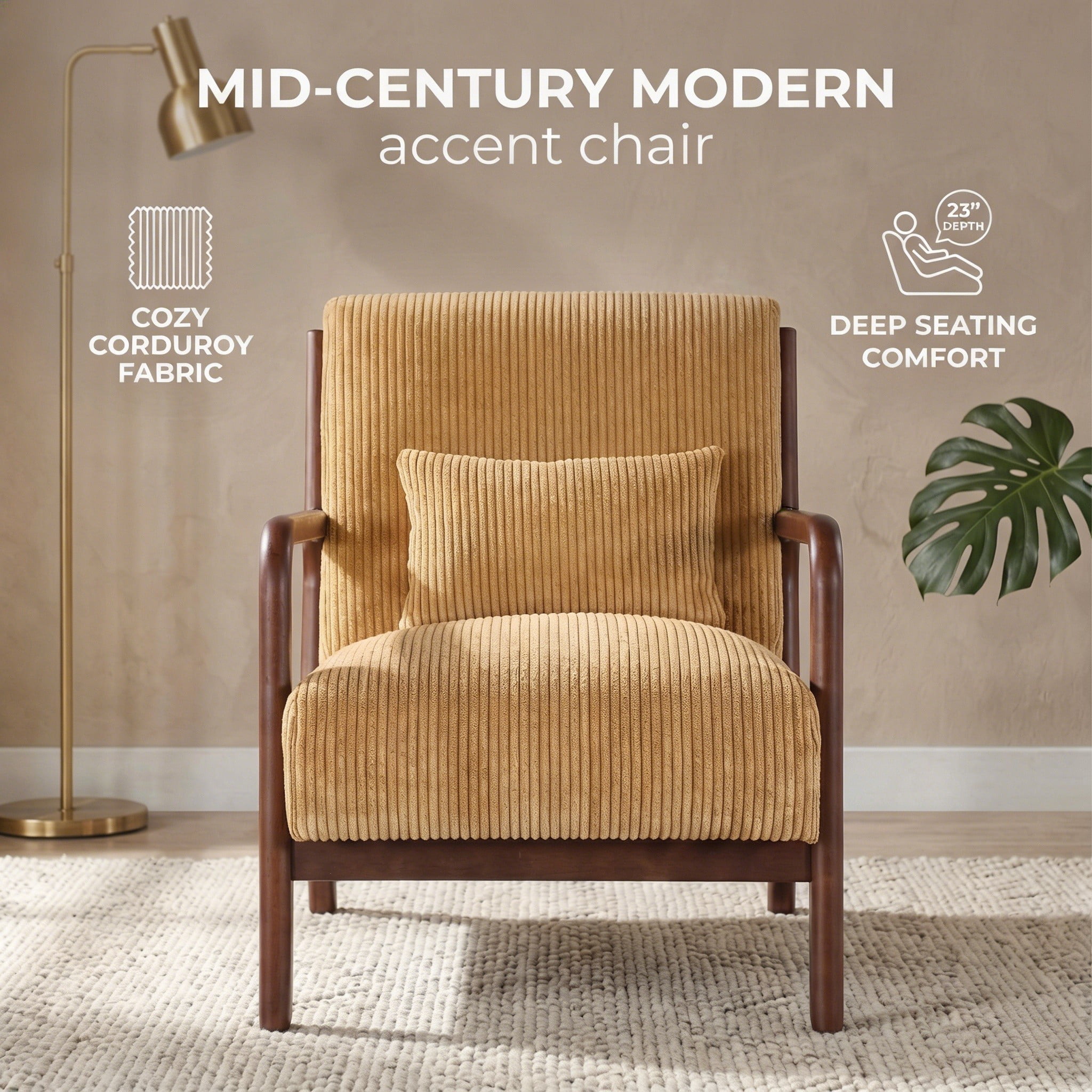 Mid-Century Modern Corduroy Accent Chair with Solid Wood Frame & Lumbar Pillow, Yellow