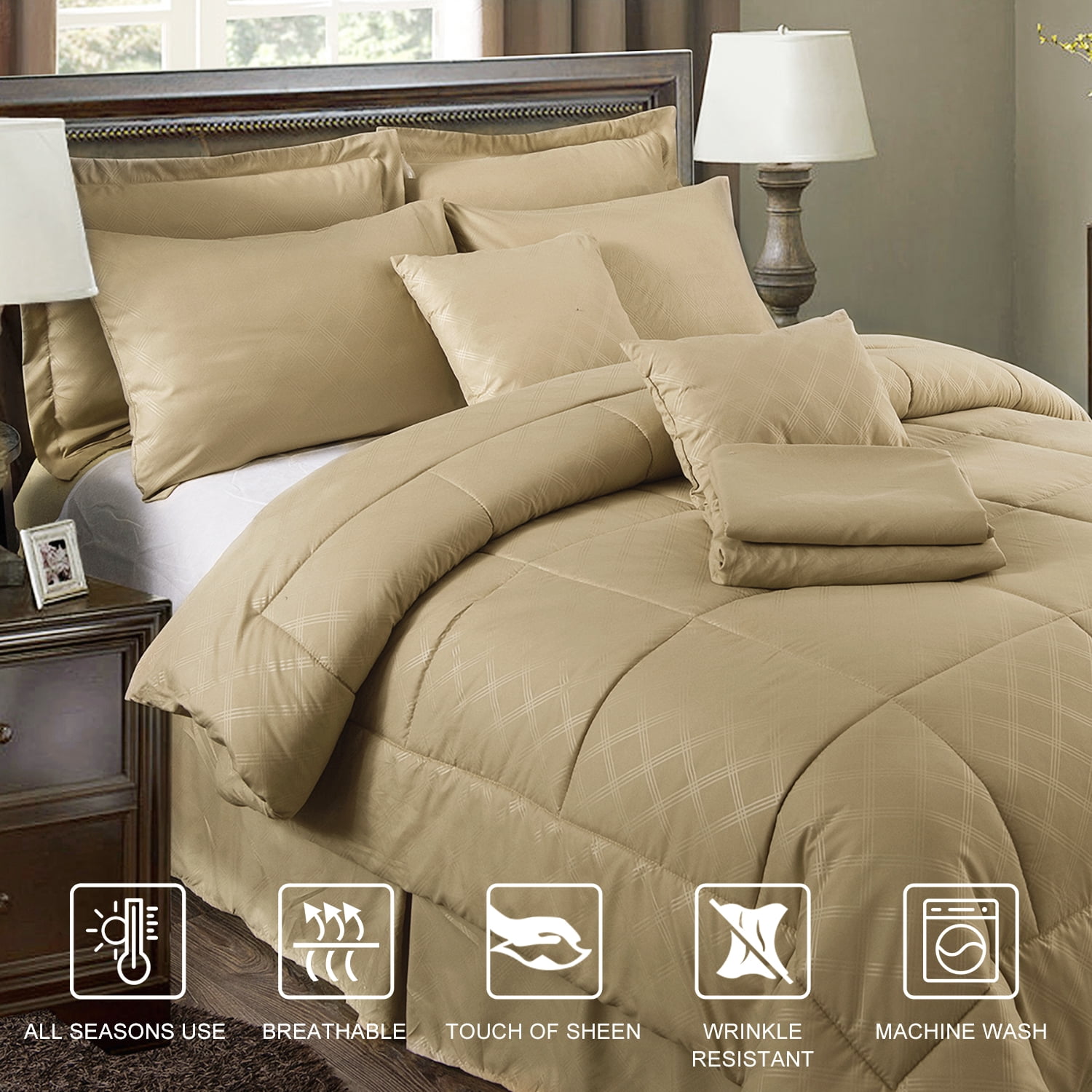 JML Taupe Twin Comforter Set - 10 Pieces Bedding Set Bed in a Bag with Comforters, Sheets, Bed Skirt, Decorative Pillows, Pillowcase & Sham