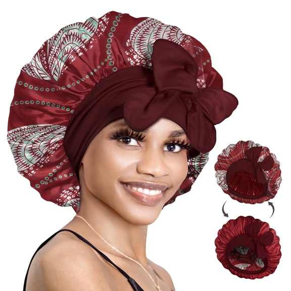 Double Layer Reversible Silky Satin Bonnet with Tie Band Printed Color