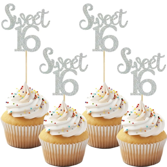 Adornos para magdalenas LDATYLBATY Sweet 16 con purpurina plateada x12