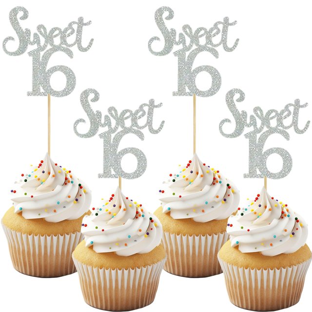 Adornos para magdalenas LDATYLBATY Sweet 16 con purpurina plateada x12