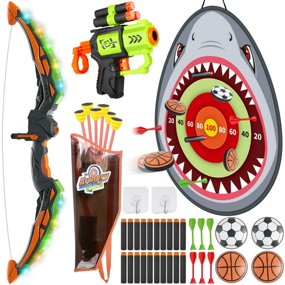 Hot Bee 2-in-1 Archery & Foam Blaster Target Set for Kids, Indoor Outdoor Shooting Toys with LED Bow, Sticky Balls, Soft Darts, Gift for Boys Girls Ages 5-8