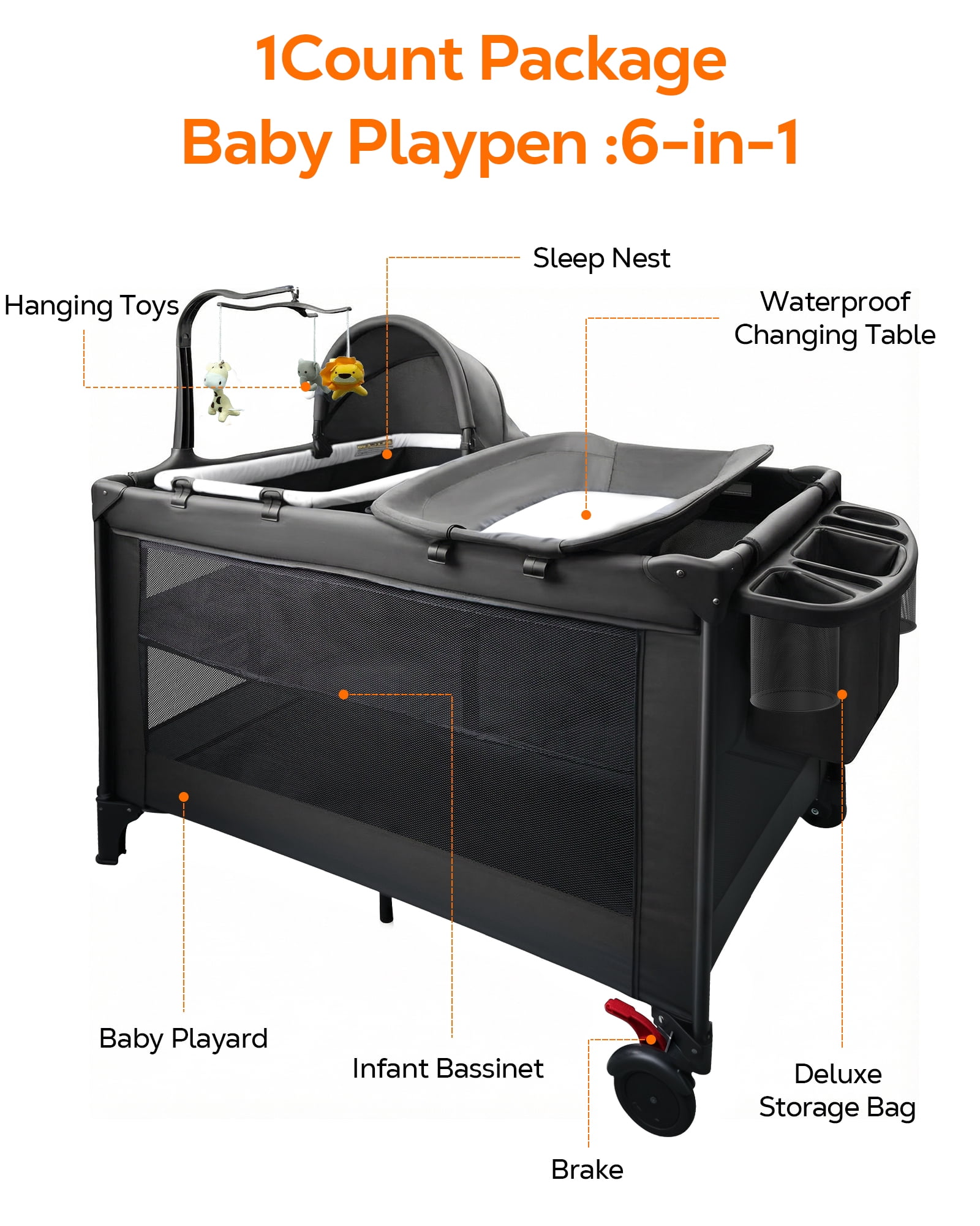 RUPOUN Baby Playards, Foldable Nursery Center Playpen and Toy Mobile, Portable Travel Bassinet, Locking Wheels, Gray