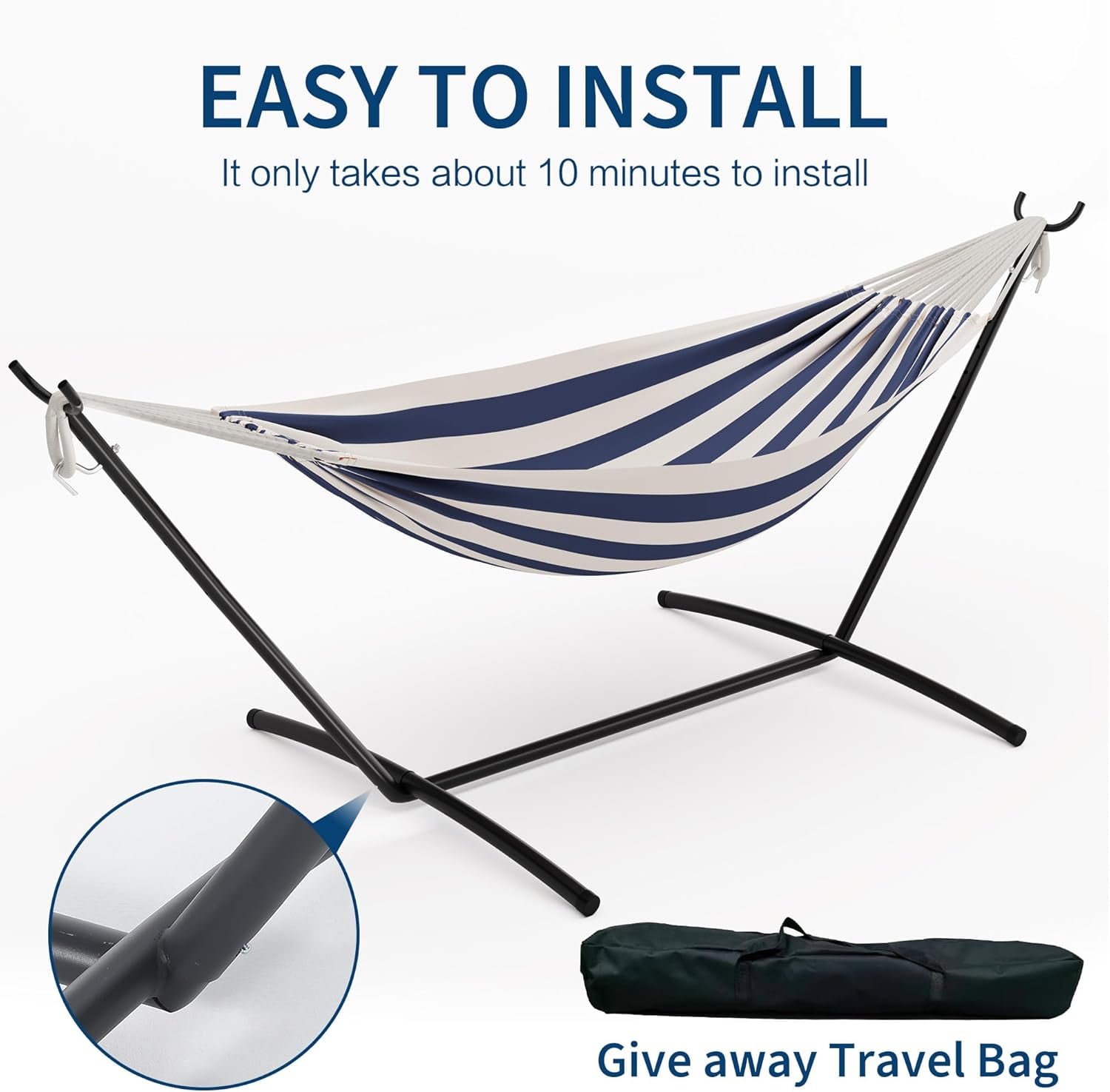 Double Hammock with Foldable Steel Stand and Carrying Bag, Portable Freestanding Hammock for Indoor & Outdoor Use, 450 lbs Capacity, Ideal for Garden, Patio, Camping, Beach, Blue
