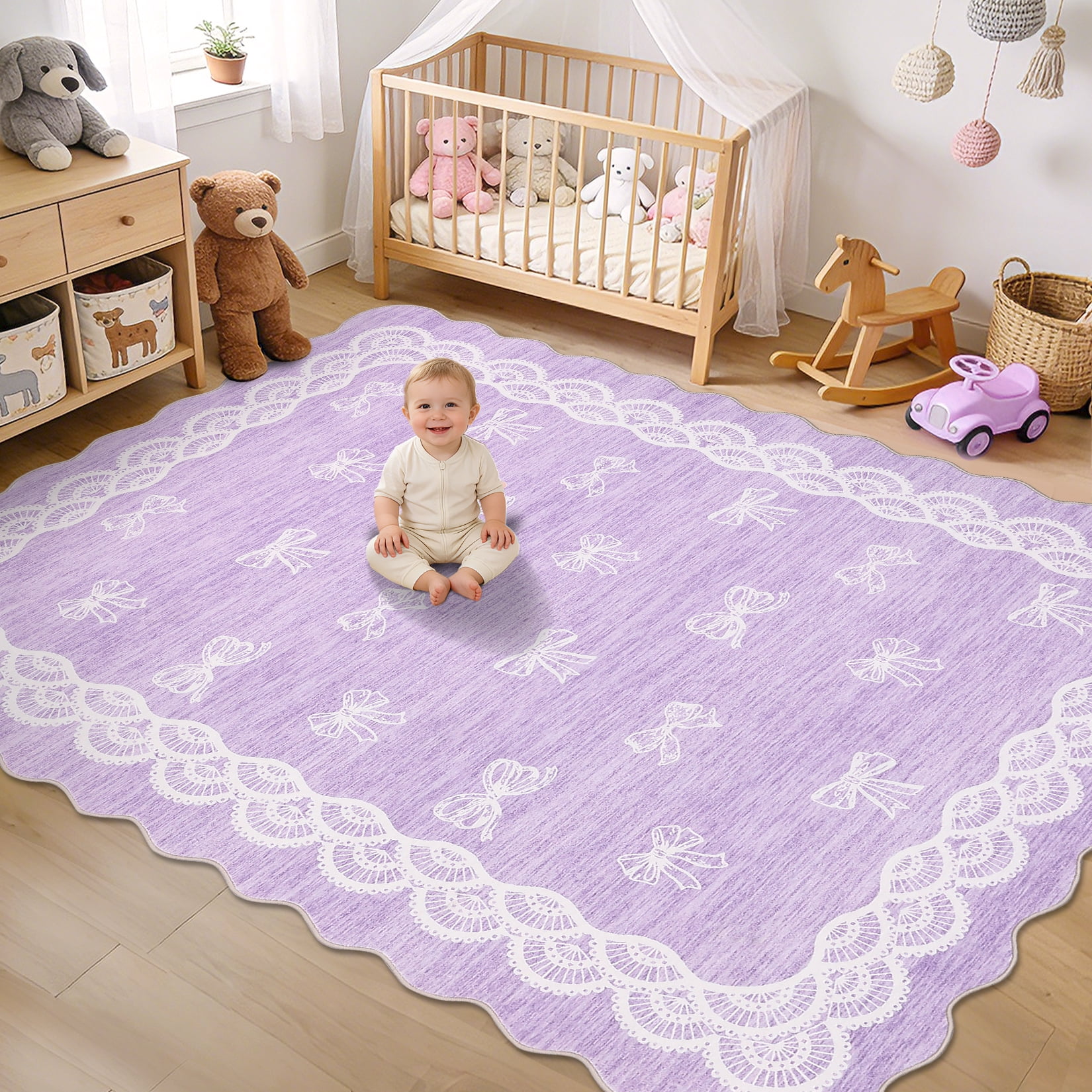 Garvee 8x10 Wave Border Area Rug Coquette Bow Pattern Carpet, Machine Washable Low Pile Rug with Non-Slip Backing for Living Room Bedroom Home Office, Purple
