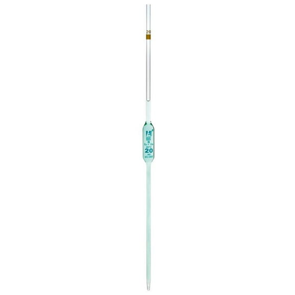 Pipette, 20ml - Class B - Tolerance: 0.050 ml - Color Code, Yellow - Bulb Form - Borosilicate Glass - Eisco Labs