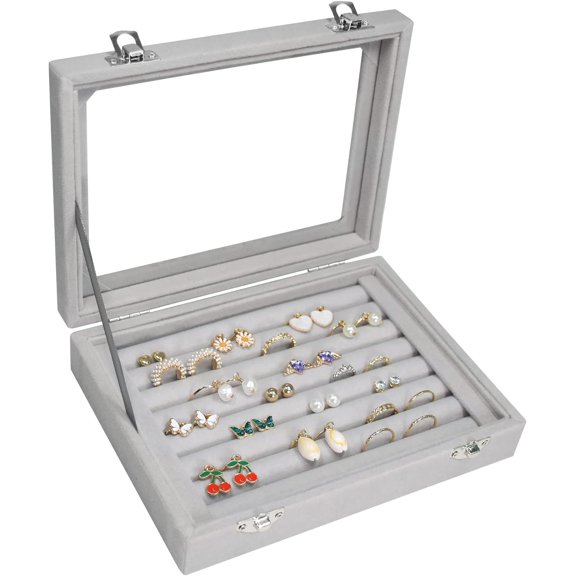 Rings Organizer Tray 7 Slots Velvet Jewelry Earring Storage Box with Transparent lid Jewelry Display Case for Girls Wife Mom Women (Grey)