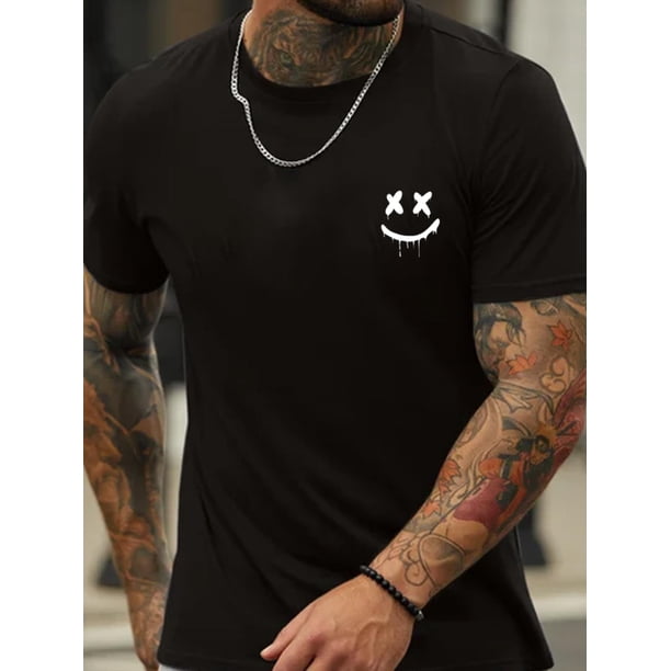 Camiseta creativa con estampado gráfico de cara sonriente para hombre, informal, de manga corta y cuello redondo, ideal para verano y actividades al aire libre. Ideal para adultos, hombres, mujeres, a