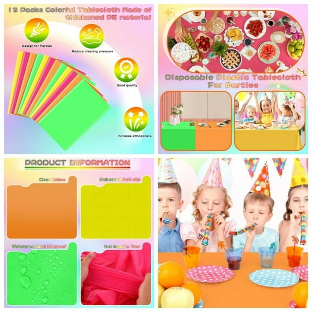 Baweave 12 Pack Plastic Table Cloth Disposable Assorted Neon Colorful Tablecloth Rectangle Bulk Solid Color Table Cover Party Supplies Birthday Wedding Picnic Home Decorations 54 X 72 Inc