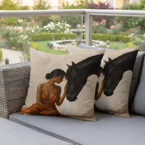 Women Outdoor Waterproof Throw Pillow Covers 16x16 Set of 2, Farmhouse Black Horse Country Rustic Decorative Pillowcases Cushion Pillowcase for Couch Sofa Patio Outside Pillow Protector