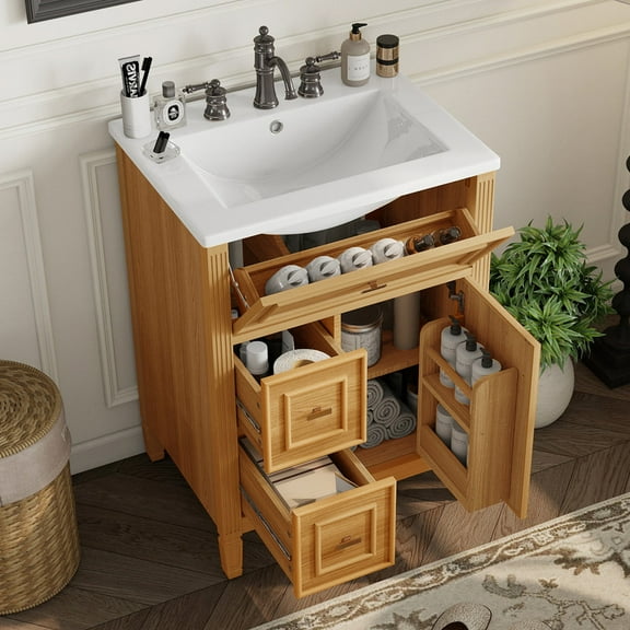 Bellemave 24" Bathroom Vanity with Ceramic Sink, Vanity Cabinet with One Flip Drawer and Two Drawers, Wooden Vanity with Sink Combo Set With Adjustable Shelf, Wooden Storage Cabinet (Wood)