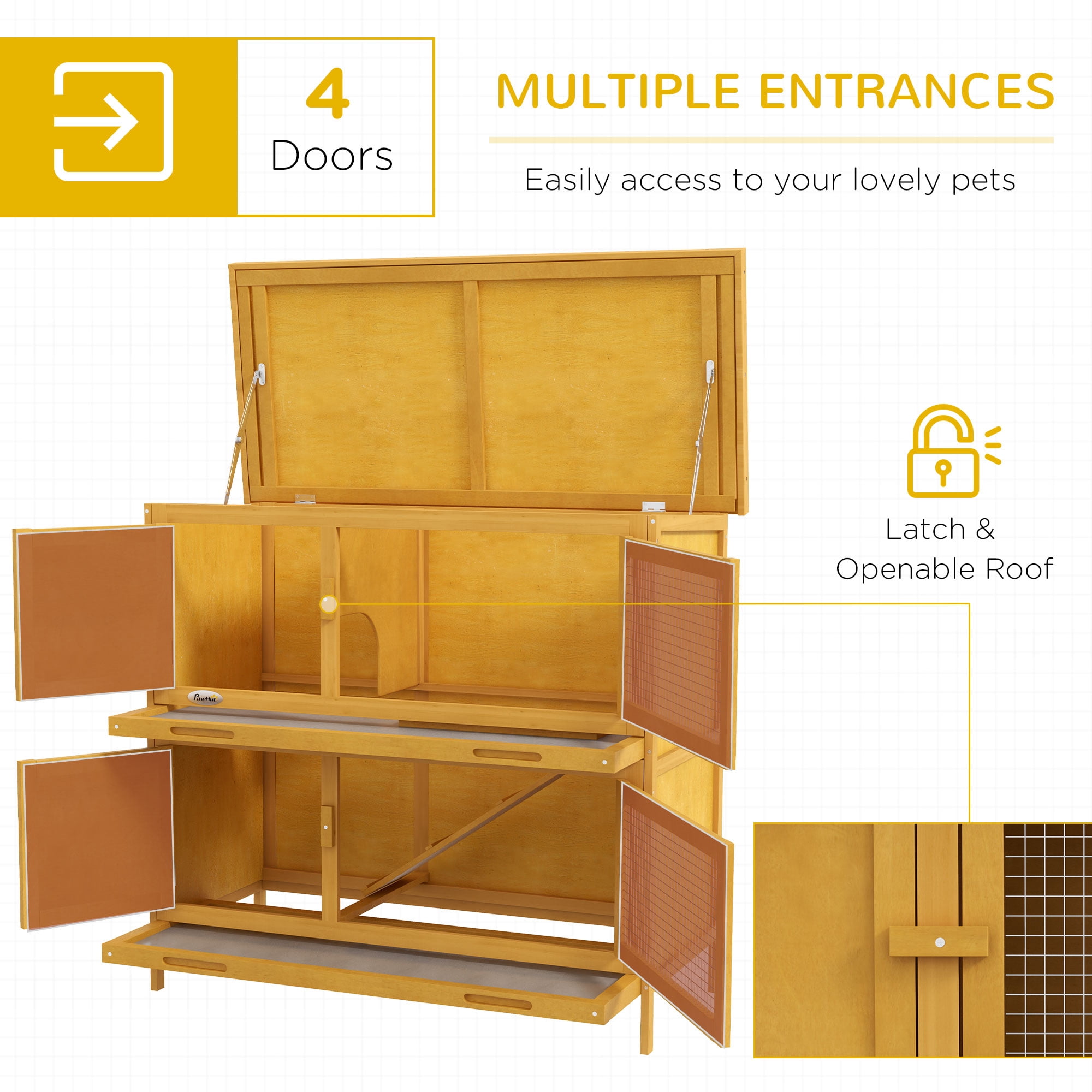 PawHut Wooden Bunny Hutch Rabbit Hutch Small Animals Habitat with Ramp, Removable Tray and Weatherproof Roof, Indoor/Outdoor, Yellow