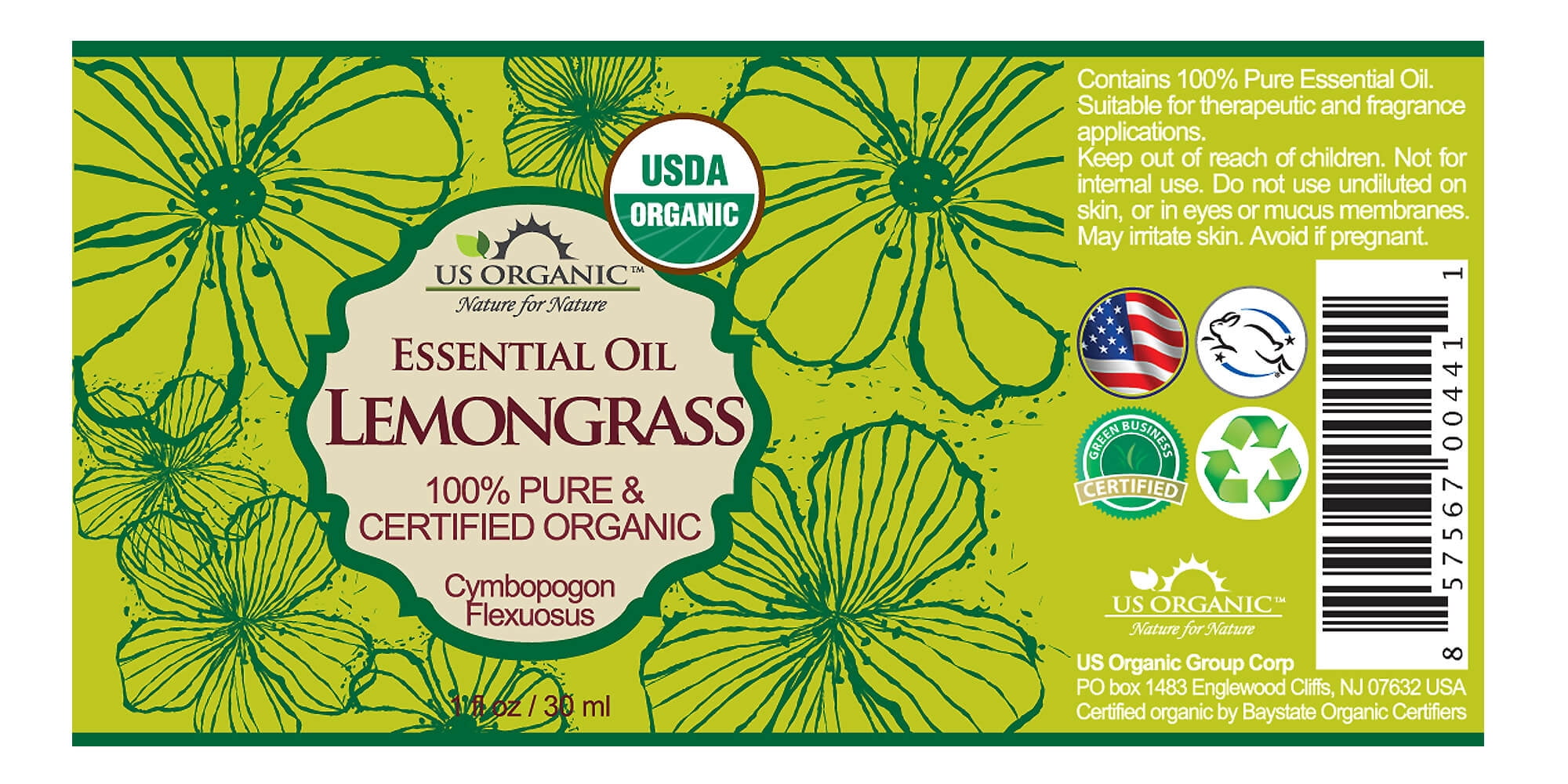 US Organic Lemongrass Essential Oil, 100% Pure Certified USDA Organic