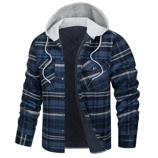 Chaqueta con capucha para hombre, camisa de franela a cuadros gruesos, abrigo de algodón de invierno de manga larga con forro acolchado y bolsillos