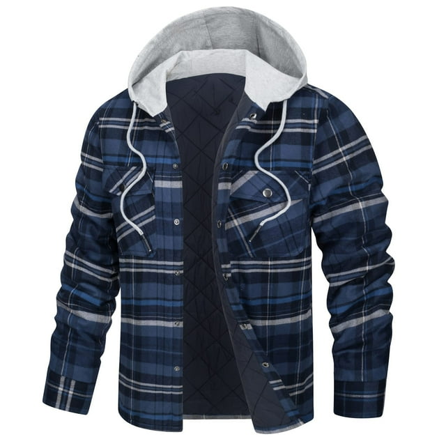 chaqueta con capucha para hombre, camisa de franela a cuadros gruesos, abrigo de algodón de invierno de manga larga con forro acolchado y bolsillos. Vista frontal centrada de camisa-chaqueta azul a cuadros con capucha gris integrada, cierre de botones, forro acolchado negro visible, bolsillos de pecho y laterales con botón y bolsillo interior, mangas largas de algodón cálido; adecuada para uso diario y actividades al aire libre.