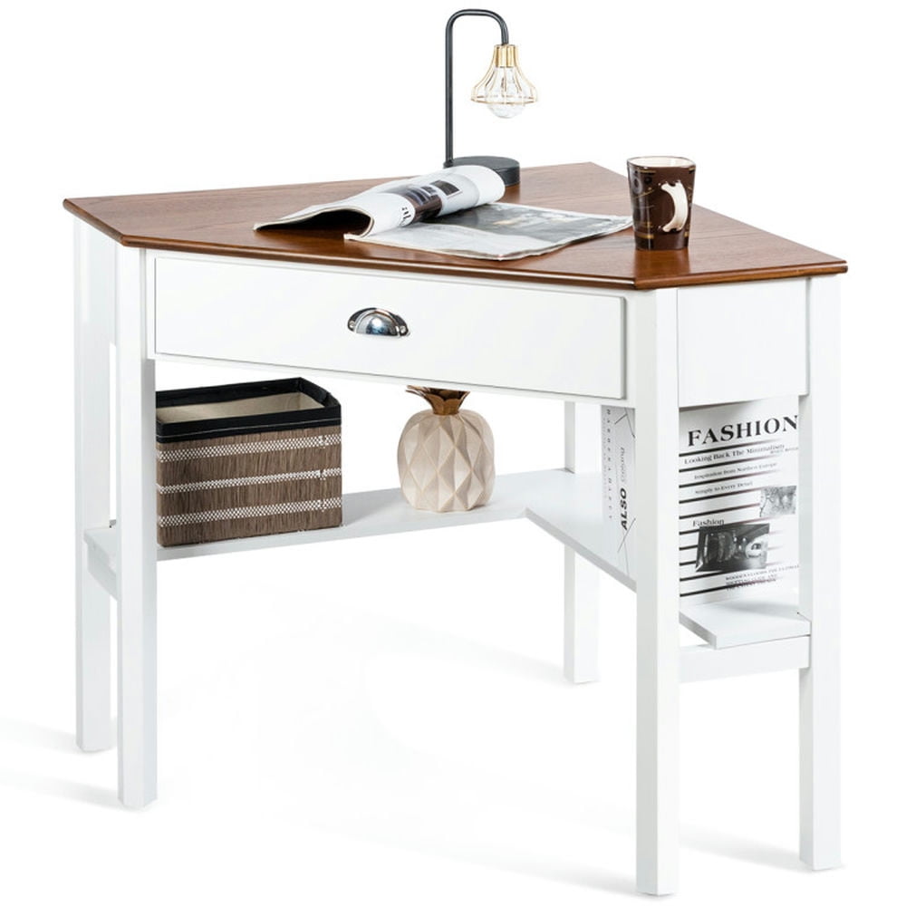 Demi Bonn Corner Wooden Piece Laptop Computer Desk, Small Home Office Desk Study Writing Table, White