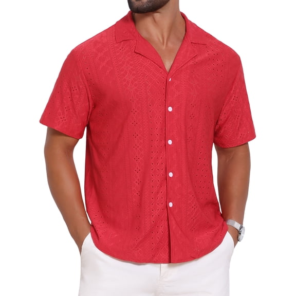 INSPIRE CHIC Men's Camp Collar Button Down Short Sleeve Hollow Texture Knit Shirts L Red