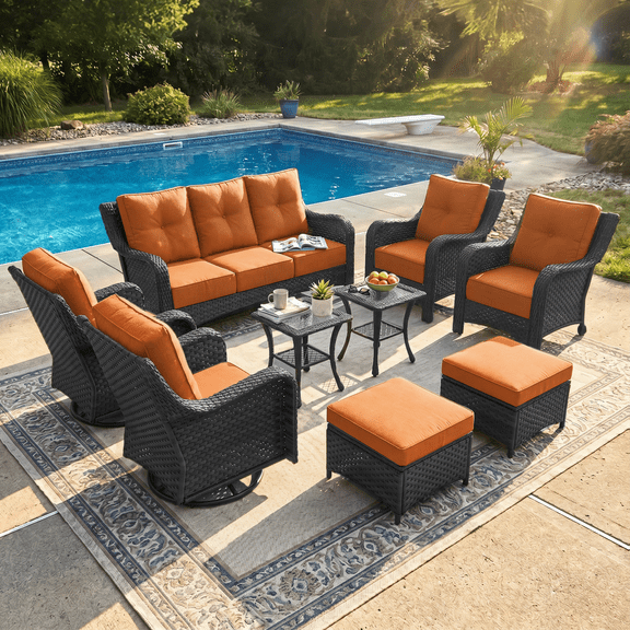LayinSun 9 Pieces Patio Furniture Sets, Outdoor Wicker Conversation Set with Swivel Chairs and 6" Thick Cushion for Deck Garden Backyard