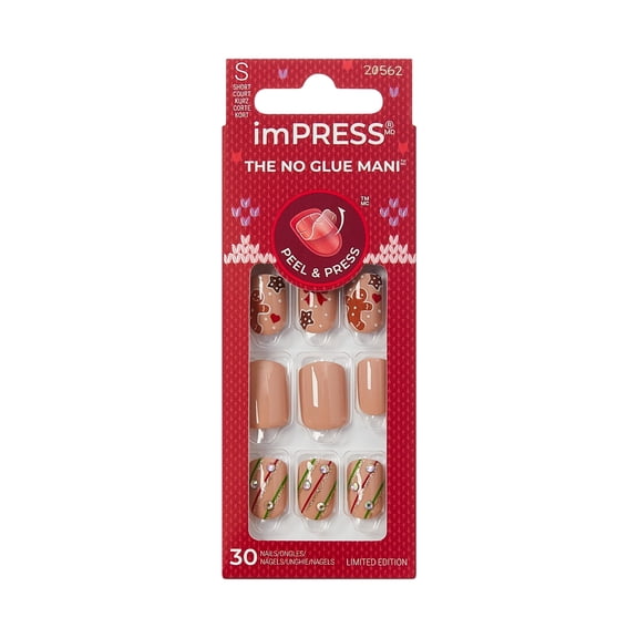 KISS imPRESS Holiday Press On Nails, ‘Mistletoe Kiss’, Brown, Short Squoval, 30 Count