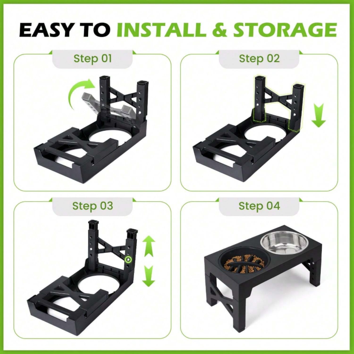 NTGFU Black 5 Adjustable Heights Raised Dog Bowl Stand with 2 Stainless Steel Dog Food Bowls and 1 Slow Feeder Dog Bowl, Adjusts To Height 3.2" To 12.2" for Small Medium Large Dogs