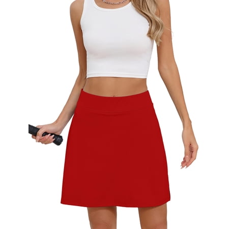Chiclily Women s 2-in-1 High Waisted Tennis Skort with Pockets Red Athletic Golf Skirt with Built-in Shorts Size 2XL