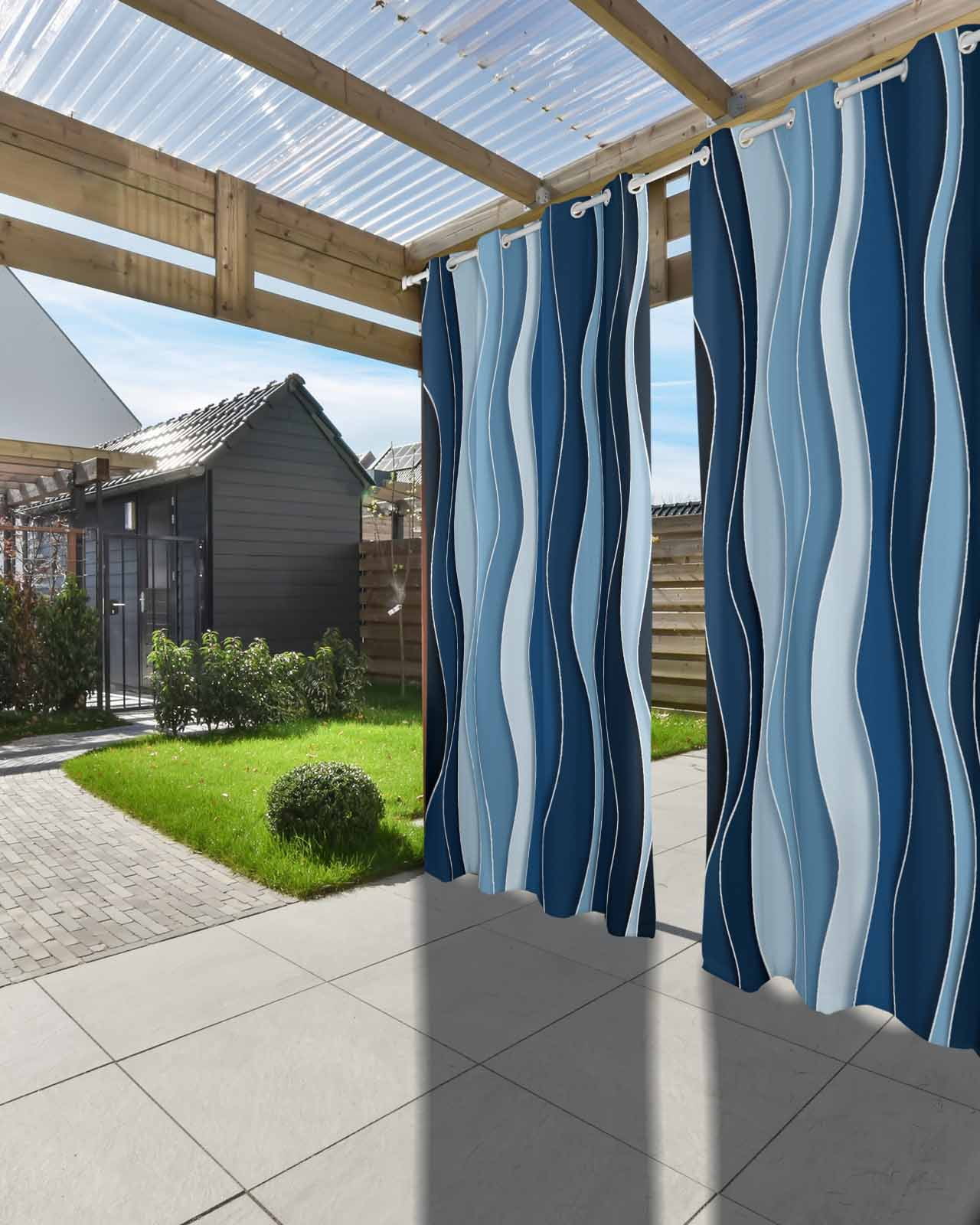 nqOlkjepod Outdoor Curtains for Patio Waterproof, Abstract Blue Moire Outdoor Privacy Panels Grommet, Gradient Coastal Ocean Geometric Waves Blackout Outside Curtains for Porch 54"x95", 2 Panels