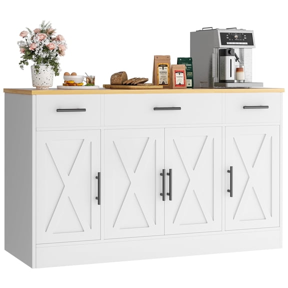 Walsunny 53.4" Sideboards Buffets Cabinet Table with 3 Drawers 4 Doors Adjustable Shelf Farmhouse Coffee Bar Cabinet with Storage for Kitchen Living Room Dining Room White