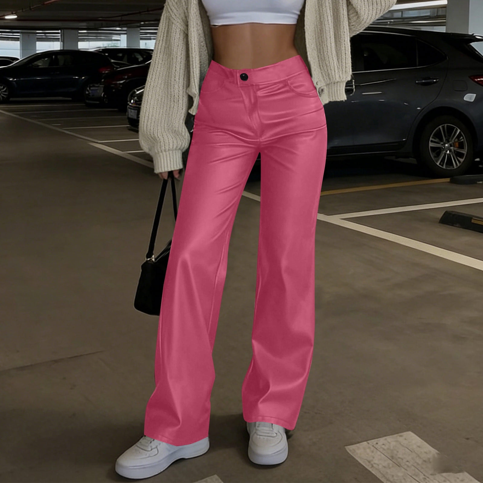 Moxiu Women's Casual Faux Leather Pants High Waisted Button Elastic Loose Straight Leg Hot Pink,S