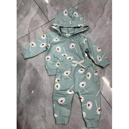 

MIPREWUY Baby Girl Fall Outfit Flower Print Long Sleeve Hooded Sweatshirt with Pocket Elastic Waist Pants 2 Piece Set