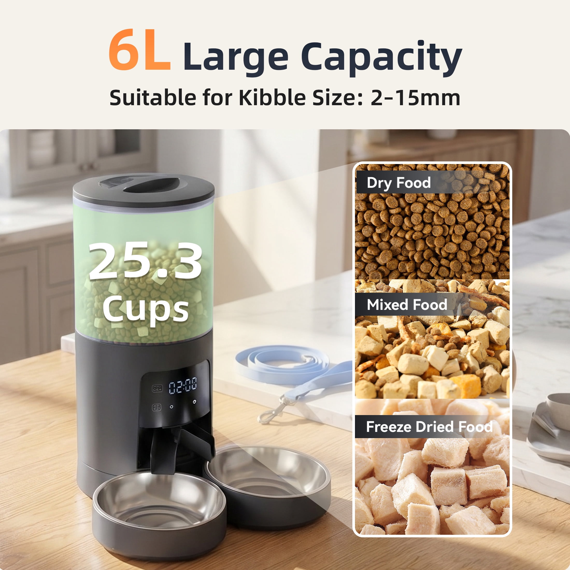 EDX 6L Automatic Cat Feeder for 2 Cats, Timed Cat Food Dispenser with 2 Stainless Steel Bowls, 10s Voice Recorder & Dual Power, Pet Feeder for Cats & Dogs, Black