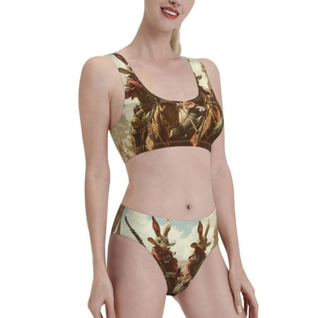 Uemuo Western Rabbit Cowboy Printed Women s High Waisted Bikini Sets Sporty Two Piece Swimsuits Color Block Cheeky High Cut Bathing Suits-Small