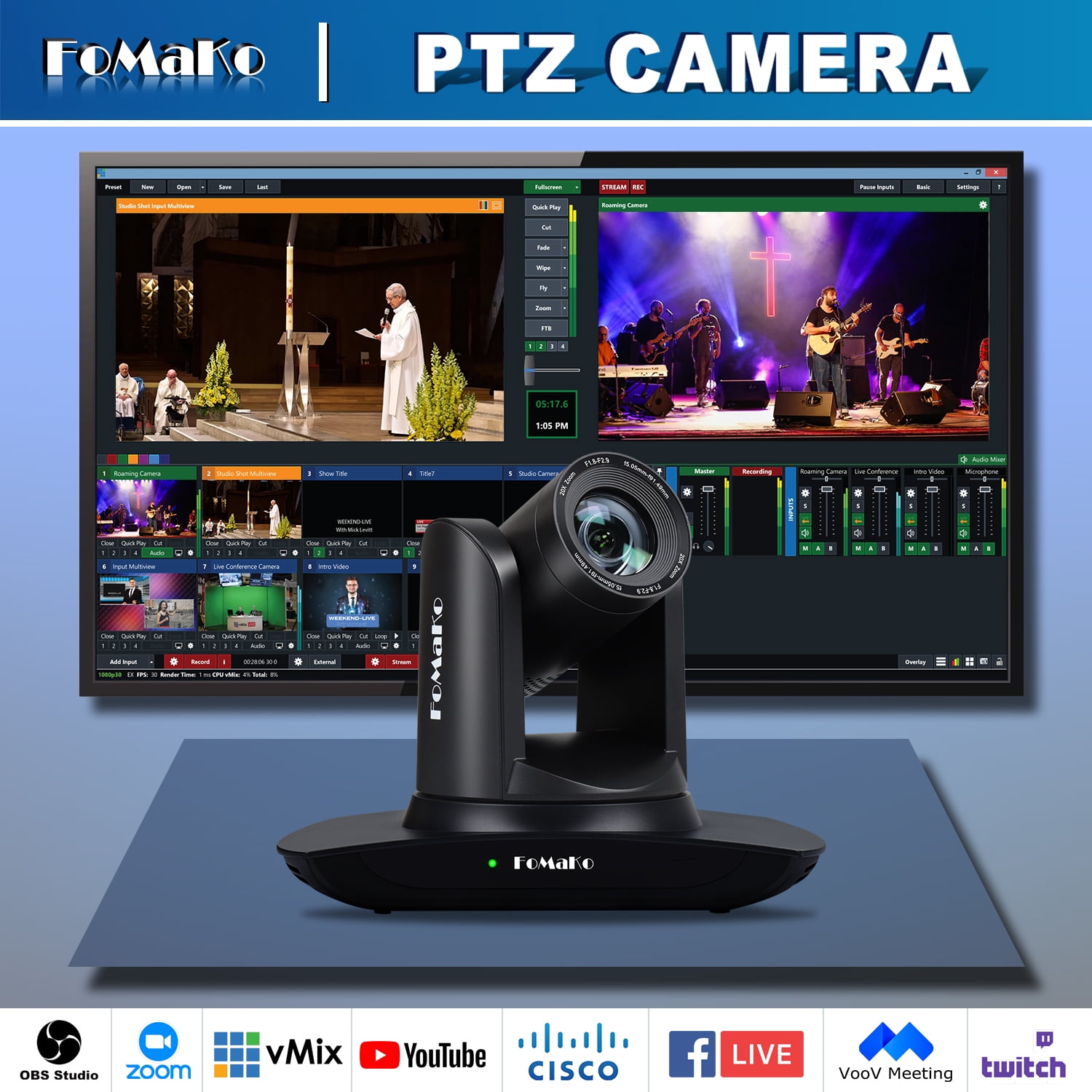 FoMaKo 20X AI Auto Tracking 1080P Camera Bundle(FMK12UH Pro(20x)-B x4+KC601+KC608 Pro)